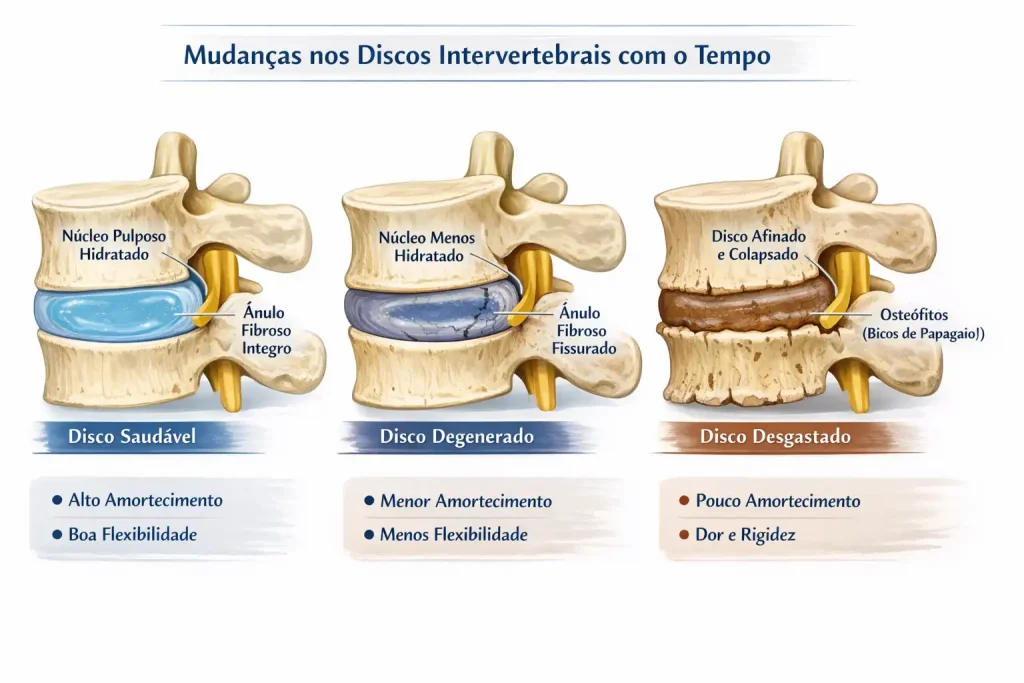 Ilustração demonstrando o envelhecimento natural da coluna como causa da dor diária nas costas depois dos 40 anos. 