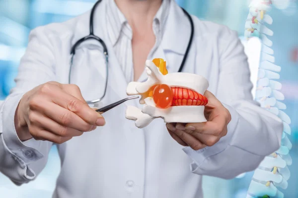 Médica segurando modelo anatômico de vértebras destacando uma hérnia de disco em cor alaranjada.