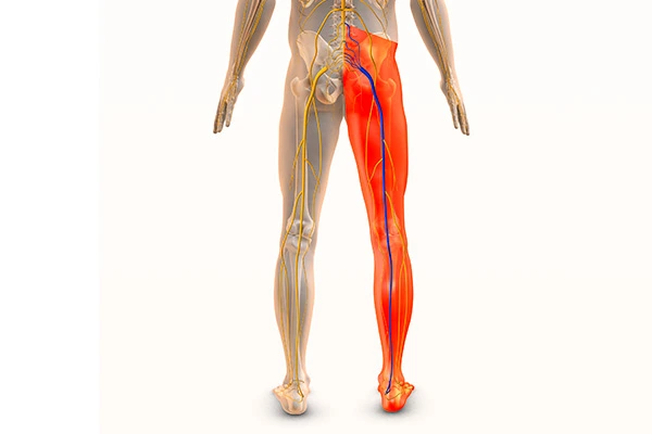 Ilustração do corpo humano destacando em vermelho o trajeto da dor ciática desde a coluna até o pé.