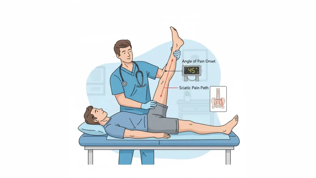 Ilustração de um profissional de saúde realizando o Sinal de Lasègue para identificar a dor lombar do paciente.
