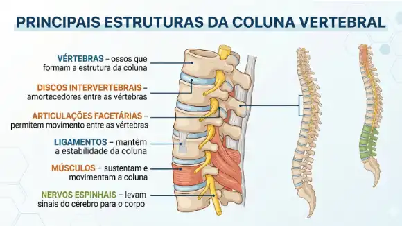 Infográfico educativo detalhando a anatomia da coluna, identificando vértebras, discos intervertebrais, articulações facetárias, ligamentos, músculos e nervos espinhais.