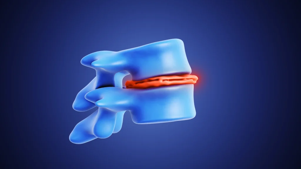 Ilustração em 3D de duas vértebras azuis com um disco intervertebral achatado e avermelhado no centro, representando o processo de desidratação discal.